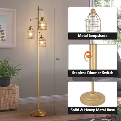 9MMML Golden Dimmable Floor Lamp,Industrial Gold Farmhouse Tall Standing Lamp for Living Room, Bedroom Office,3 Teardrop Cage Lampshade,3 LED Bulbs Inculded, 68'' Tall - color: Gold B
