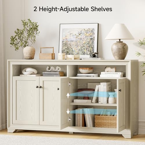 60 Inches Sideboard Buffet Cabinet with Storage and 4 Doors, White | Large Sideboard Kitchen Cabinet with Open Shelf & Adjustable Shelf, Kitchen Coffee Bar Console Table for Living Room, Hallway - color: White
