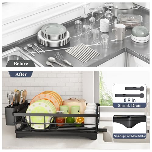 SAYZH Dish Drying Rack for Kitchen Counter with Utensil Holder, Black | Stainless Steel, Large Capacity, Angled Drainboard, Rotating Spout, Removable to Clean - color: Black