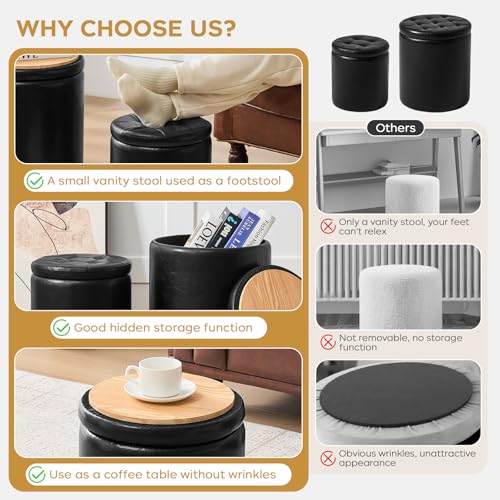 oakvivo Round Ottoman with Storage Set of 2, 12.6" W x 14.17" H & 14.76" W x 17.32" H Faux Footstool Storage Ottomans for Bedroom, Living Room Padded Coffee Table Ottomen, Black - color: Black