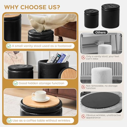 oakvivo Round Ottoman with Storage Set of 2, 12.6" W x 14.17" H & 14.76" W x 17.32" H Faux Footstool Storage Ottomans for Bedroom, Living Room Padded Coffee Table Ottomen, Black - color: Black