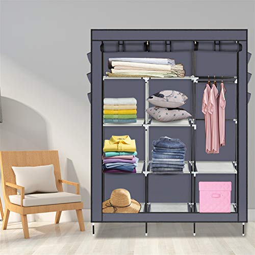 69" Portable Covered Garment Rack,Freestanding Closet Organizer,Non-Woven Fabric Closet Wardrobe,Steel Tube Wardrobe Clothes Rack,with Side Pockets,for Home, Bedroom, Living Room, Dorm (Gray) - color: 127x45x175cm, Gray-l