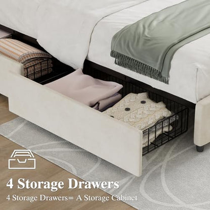 VECELO King Size Bed Frame with 4 Storage Drawers, Adjustable Height Headboard, Heavy-Duty Bedframe with Strong Wooden Slats, No Box Spring Needed, Pale Beige - color: Pale Beige, size: King, style: Bed Frame With Drawers