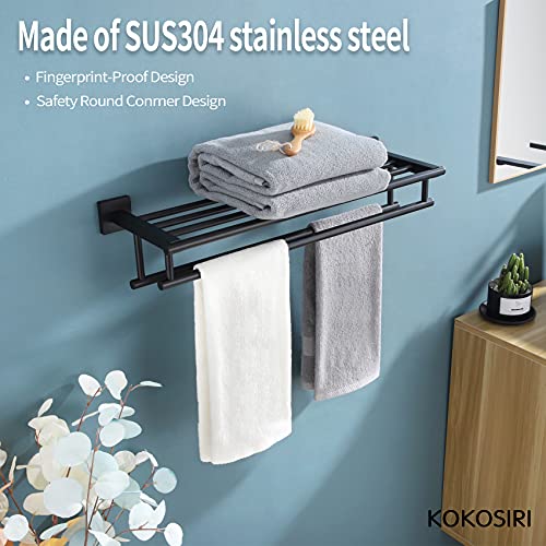 KOKOSIRI Bath Towel Rack with Double Towel Bars Bathroom Towel Shelf 20 Inch Towel Holder Wall Mounted Stainless Steel, Matte Black, B6005BK-L20 - color: Matte Black, size: 20 Inch