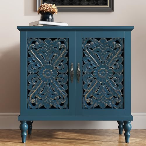 ARTPOWER Vintage Accent Cabinet with 2 Doors, Credenza for Living Room | Hand Painted Carved Door Sideboard & Buffet Cabinet, Wood Storage Cabinet for Kitchen, Dining Room, Entryway, Hallway - color: Antique Blue, size: 1 Piece