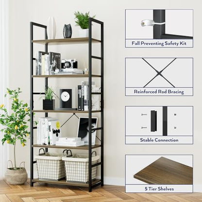 NUMENN 5 Tier Bookshelf, Tall Freestanding Open Storage Bookcase, Dark Walnut - color: Dark Walnut, size: 5 Tier