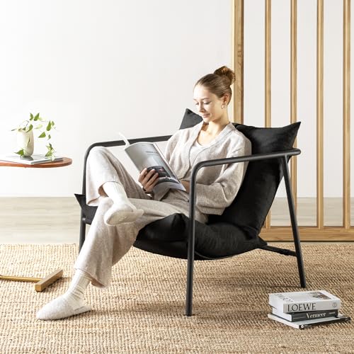 Mellow Wyn Sling Accent Chair with Arms/Casual Home Metal Framed Armchair with Plush Foam Cushions - color: Black