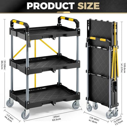 KINGRACK 3 Tier Rolling Folding Utility Cart with Wheel for Garage Workshop | Folding Utility Cart,200LBS Capacity with Fixed Rope,Ergonomic Textured Grip Handle