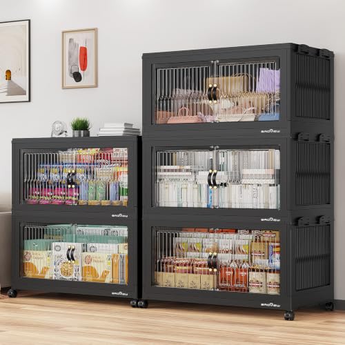 BROVIEW 1000QT Extra Large Stackable Storage Bins with Lids, 5Pack Black | 250Gal Plastic Collapsible Cabinets Containers, Wheels & PET Doors, Foldable Closet Organizers Drawers for Office, Dorm - color: Black, size: 50Gal-5Pack