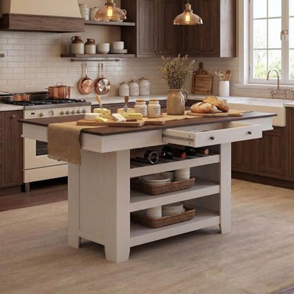 IDEALHOUSE 60" Wood Dining Table for 4-6, Counter Height Kitchen Table with Wine Rack and 2 Drawers, Open Shelves and Sturdy Legs, 4-Tier Stationary Kitchen Island for Dining Room and Kitchen - color: White