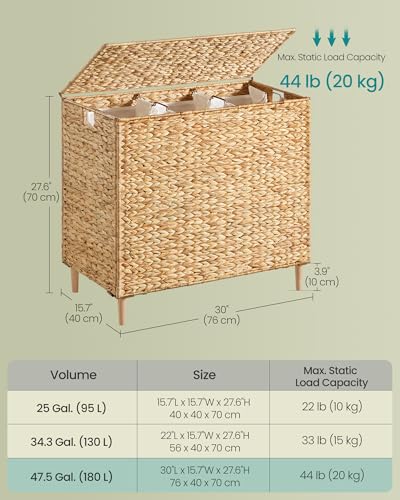 SONGMICS Laundry Hamper 3 Sections, 47.5 Gal. (180 L) Handwoven Water Hyacinth Wicker Laundry Basket with Lid, Natural Material, Removable Machine Washable Liners, Handles, Natural ULCB203Y01 - color: Natural, size: 180 L (Handwoven）