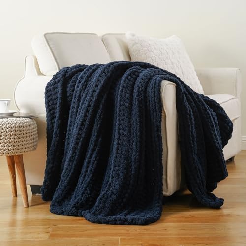 Battilo Chunky Knit Throw Blanket for Couch, 50"x60", Navy Blue | Hand Knit, Gift Blanket, Cozy Warm Thick Soft Chenille Throw Blanket for Bed, Sofa, Chair, Living Room - color: Navy