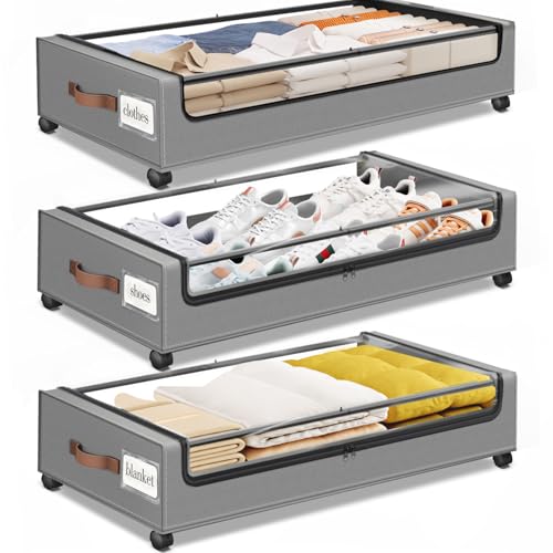 Under Bed Storage with Wheels 3Pack Storage Containers with Clear Window | Under Bed Drawers Rolling Under Bed Storage for Clothes,Shoes, Blankets (30.71 x 16.93 x 6.69 in, Light Grey) - color: Light Grey, size: 3 Pack