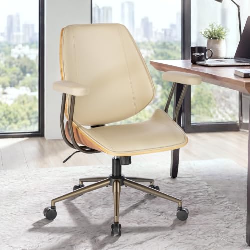 Modern Mid Back Office Chair, Adjustable Swivel Desk Chair with Arms, Beige | Faux leather seat, wood accent detail, mid-back with padded armrests, adjustable swivel, for home office, bedroom & study - color: Beige, size: 1-Piece Back / No Headrest
