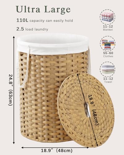 SETVSON Laundry Basket with Lid Round 29.1 Gal PE Rattan, Natural | Family Clothes & Blanket Trunk with Lid, Removable Liner Bag with Handles, 2 Mesh Wash Bags, Collapsible Steel Frame - color: Natural, size: 110 L