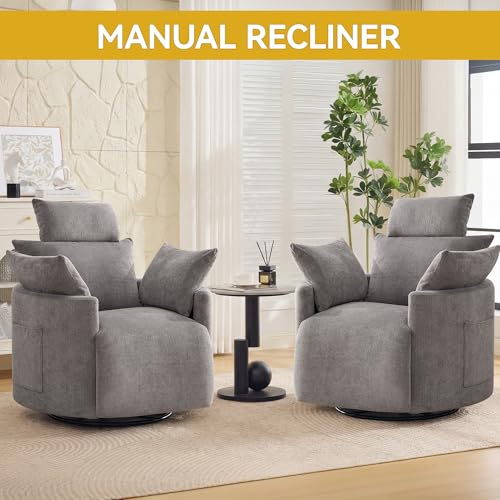 Manual Recliner Chair，Swivel Glider Rocking Chair Nursery, Light Grey | Barrel Nursery Glider Recliner with 2 Side Pockets, Adjustable Headrest, 30° Silent Rocking, 2 Pillows for Living Room - color: Light Grey, size: Manual