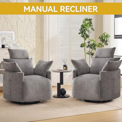 Manual Recliner Chair，Swivel Glider Rocking Chair Nursery, Light Grey | Barrel Nursery Glider Recliner with 2 Side Pockets, Adjustable Headrest, 30° Silent Rocking, 2 Pillows for Living Room - color: Light Grey, size: Manual