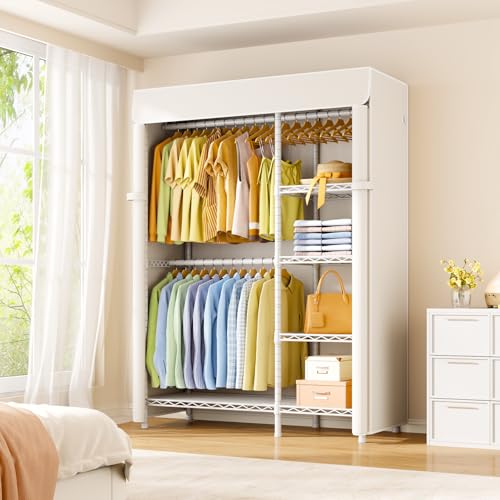 F2C Clothes Rack with Cover, White Closet with Beige Cover | Heavy Duty Clothing Racks with Shelves for Hanging Clothes, Portable Garment Rack, 47.2"W x 16.5"D x 78.3"H, Load 630lbs - color: White Closet with Beige Cover