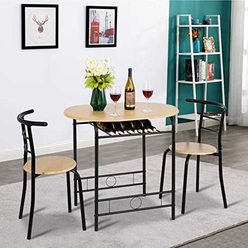 VINGLI 3 Piece Dining Set,Small Kitchen Table Set for 2,Breakfast Table Set for 2,Kitchen Wooden Table and 2 Chairs for Small Space/Dining Room/Apartment,Metal Frame,Wine Rack,Black&Natural - color: Black&natural