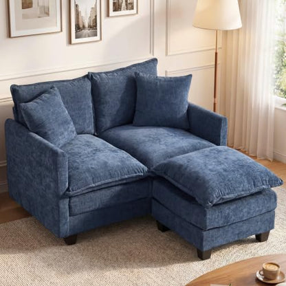 50'' L-Shape Loveseat Sofa with 22" Ottoman, 2 Seat Modern Cloud Couch with 2 Washable Pillows for Small Space Apartment Office Living Room Bedroom, Blue - color: Blue, size: 50"L
