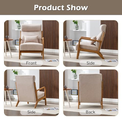 Mid Century Modern Accent Chair with High Back, Upholstered Living Room Chairs with Waist Cushion, Wood Frame Reading Armchair for Bedroom Sunroom, Beige - color: Beige