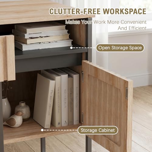 Small Home Office Desk, 46.5" Fluted Writing Desk with 2 Drawers | Compact desk with storage cabinet for bedroom small spaces, dressing table console table, Black and Oak