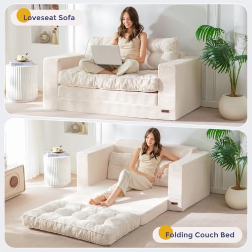 MAXYOYO Folding Sofa Bed, Convertible Sleeper Loveseat with Pillows | 2-Person Fold-Out Loveseat, Convertible Sleeper Bed with Supportive Pillows for Relaxing or Overnight Guests, Beige - color: Beige