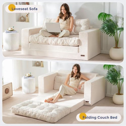 MAXYOYO Folding Sofa Bed, Convertible Sleeper Loveseat with Pillows | 2-Person Fold-Out Loveseat, Convertible Sleeper Bed with Supportive Pillows for Relaxing or Overnight Guests, Beige - color: Beige