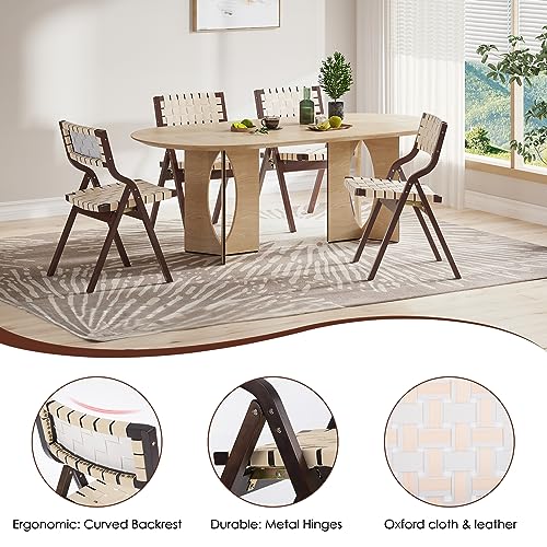 Wood Folding Chairs, Foldable Chairs Wooden Indoor Stackable Dining Chairs for Kitchen & Dining Room Chair Woven Seat & Webbing Back, Dining Chair Set of 2 - color: Brown Walnut/Beige, Pu Leather