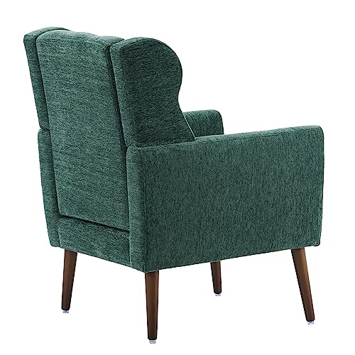 Accent Chair, Living Room Chairs with Solid Wood Legs & Pillow | Chairs Living Room with High Tufted Backrest, Reading Chair for Bedroom/Office, Chenille Fabric - color: Blackish Green