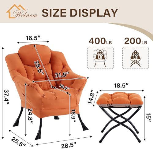 Welnow Lazy Chair with Ottoman, Reading Chair with Footrest，Orange | A Side Pocket,Armrests,Foldable Footrest,Thick Cushioned Seat & Backrest, Lounge Chair for Bedroom,Living Room & Small Space - color: Orange