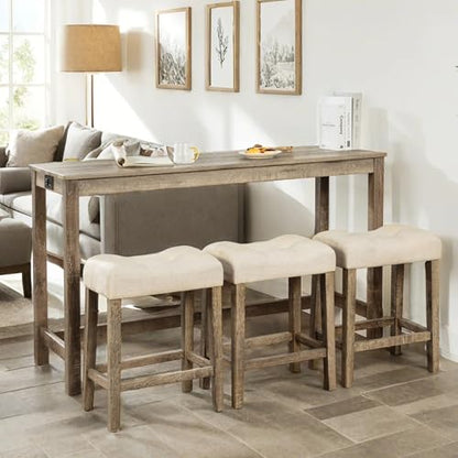 59" Counter Height Bar Table Set with Power Outlet, Industrial Breakfast Table with 3 Padded Stools, 4 Piece Bar Table and Chairs Set for Living Room, Dining Room, Brown - color: R1-brown