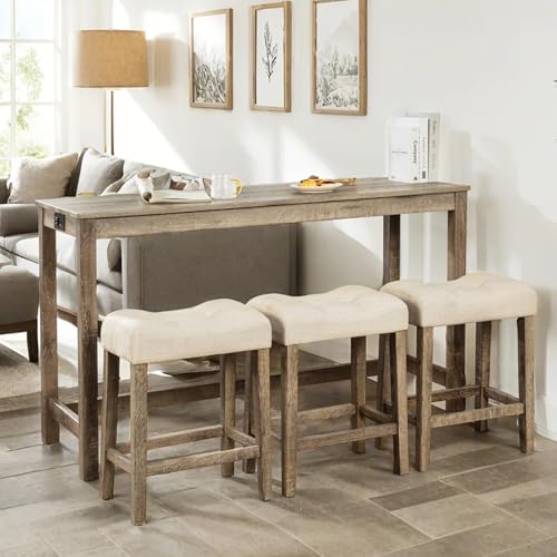 59" Counter Height Bar Table Set with Power Outlet, Industrial Breakfast Table with 3 Padded Stools, 4 Piece Bar Table and Chairs Set for Living Room, Dining Room, Brown - color: R1-brown