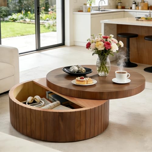 31.5” Modern Round Coffee Table, Circular Wood Center Table with Storage, MDF Accent Dinning Table for Living Room, Apartment,Office,Courtyard, No Assembly.(Walnut) - color: Walnut-e