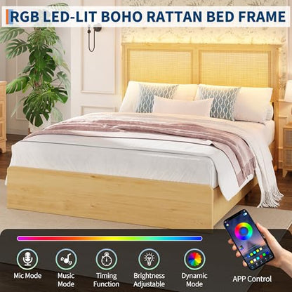 Garvee Queen Rattan Bed 4 Drawers Bohemian Headboard for Bedroom | Bohemian queen rattan bed with natural headboard, 4 drawers, LED lights,No box spring needed for bedroom use. - size: Queen(4 Drawers)