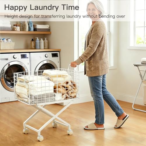 Rolling Laundry Basket with Wheels, 27" Elevated 80L Cart White | Durable metal cart with 360° swivel wheels glides smoothly, while the 27" elevated design reduces bending