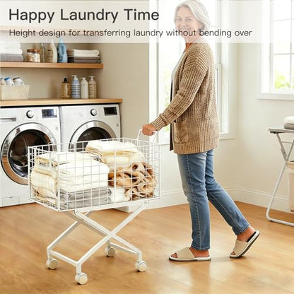 Rolling Laundry Basket with Wheels, 27" Elevated 80L Cart White | Durable metal cart with 360° swivel wheels glides smoothly, while the 27" elevated design reduces bending