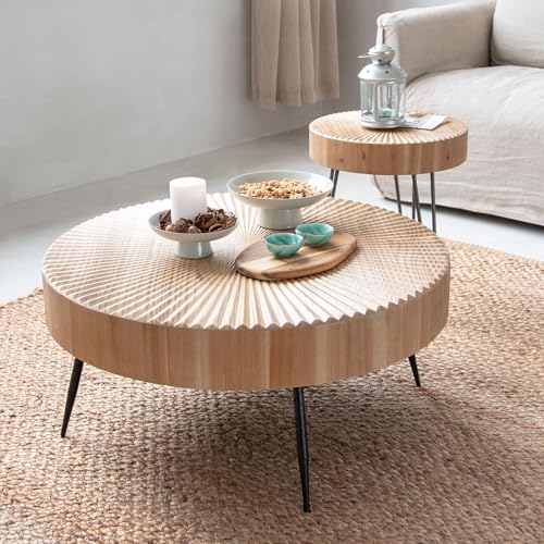 COZAYH 2-Piece Nesting Coffee Table - Round Table - Modern Farmhouse | Solid Pine Veneer Top, Black Metal Legs, Radial Wood Grain, Large 31.5 x 31.5 x 14.2 in, Small 15.7 x 15.7 x 18.4 in - color: Radial Pattern