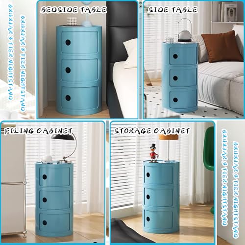 3 Tier Round Nightstand with Drawer, Royal Blue Round Side Table Small Plastic Storage End Table for Bedroom, Living Room, Bathroom - color: Royal Blue