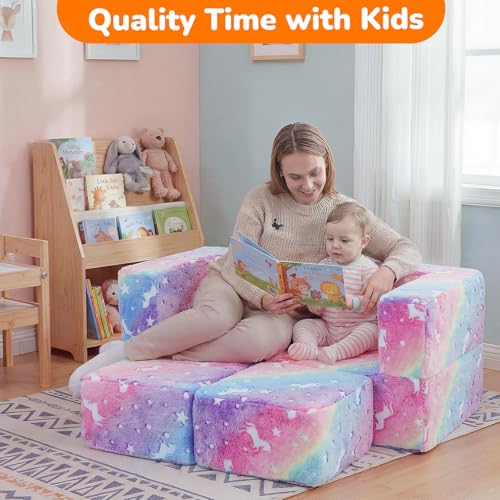 MeMoreCool Glow in Dark Rainbow Kids Couch, Modular Fold Out Play Sofa | Rainbow glow in dark kids couch folds out to bed, fort or chair, machine washable velour - color: Rainbow