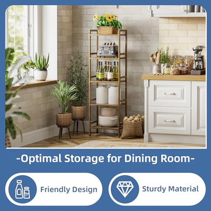HITNET Bamboo Book Shelf, Tall Narrow Bookcase, Bathroom Shelving Unit 5 Tier Floor Standing Adjustable Bookshelf for Small Spaces, Walnut - color: Walnut