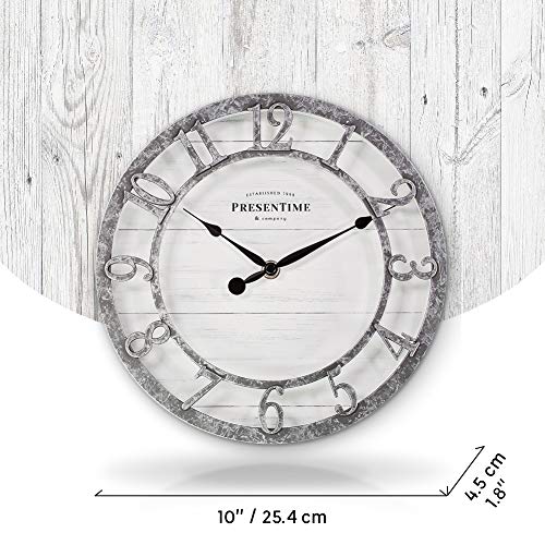 10" Farmhouse Series Wall Clock | Quartz Movement, Shiplap Style, Raised 3D Arabic Numeral, Galvanized Finish - color: Galvanized Finish, size: 10 inch