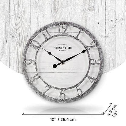 10" Farmhouse Series Wall Clock | Quartz Movement, Shiplap Style, Raised 3D Arabic Numeral, Galvanized Finish - color: Galvanized Finish, size: 10 inch