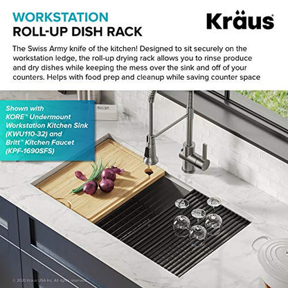 Kraus Multipurpose Workstation Sink Roll-Up Dish Drying Rack, Colander and Trivet in Green, KRM-11GR