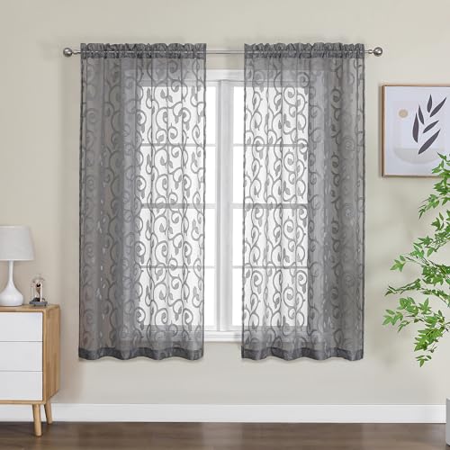 Furman Sheer Curtains 63 inch Length for Bedroom Living Room 2 Panels Set, Jacquard Clip Textured Semi Sheer Grey Curtains, Light Filtering Rod Pocket Farmhouse Window Treatments, 40Wx63L inch - color: Charcoal Gray, size: 40"W x 63"L (Pack of 2)
