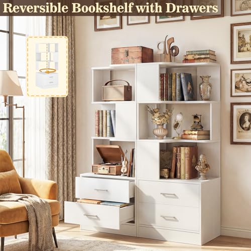 Corner Bookshelf with Drawers, Small Corner Shelf with Drawers | L Shaped Book Shelves with Drawers, 6-tier Bookcase for Bedroom Storage, Living Room, Home Office, Kitchen Pantry, White - color: White, size: 6 Tier(2 Drawers + 4 Shelves)