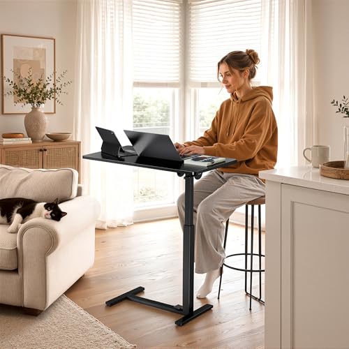 Mobile Standing Desk Adjustable Overbed Table, Pneumatic Height Adjustable Rolling Laptop Desk with Hidden Wheels, 0-180°Tilt Top Rolling Computer Cart Foldable for Home Office, Craft & Study, Black - color: Black, style: Fully Tiltable