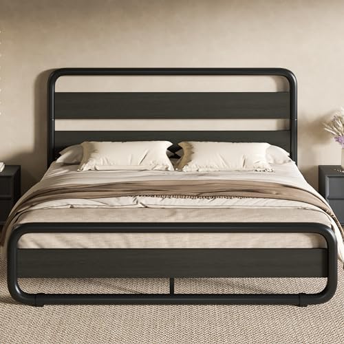 SHA CERLIN Full Size Metal Bed Frame with Wooden Headboard and Footboard, Heavy Duty Oval-Shaped Platform Bed Frame with 10" Under-Bed Storage, Noise Free, No Box Spring Needed, Black - color: Black, size: Full