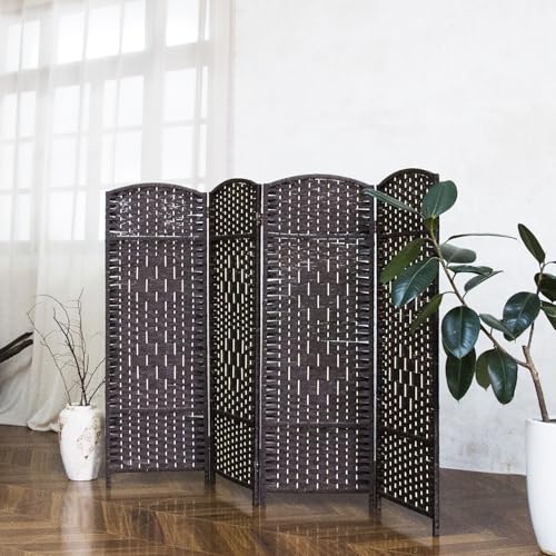 4-Panel Short Room Divider, 3.9 ft Freestanding Partition Wall, Dark Brown Rattan Double-Sided Folding Screen for Living Room, Bedroom & Corner Privacy - color: Dark Brown, size: 4 Panel