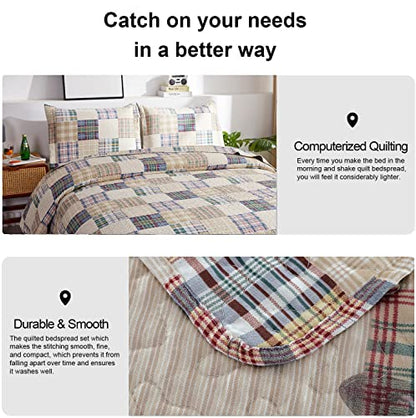 Ycosy Beige Plaid Quilt Set Full/Queen Size Patchwork Quilts Bedding Plaid Reversible Bedspread Coverlet Soft Lightweight Bed Cover Set All Season,1 Quilt 2 Pillow Shams - color: Beige, size: Full/Queen